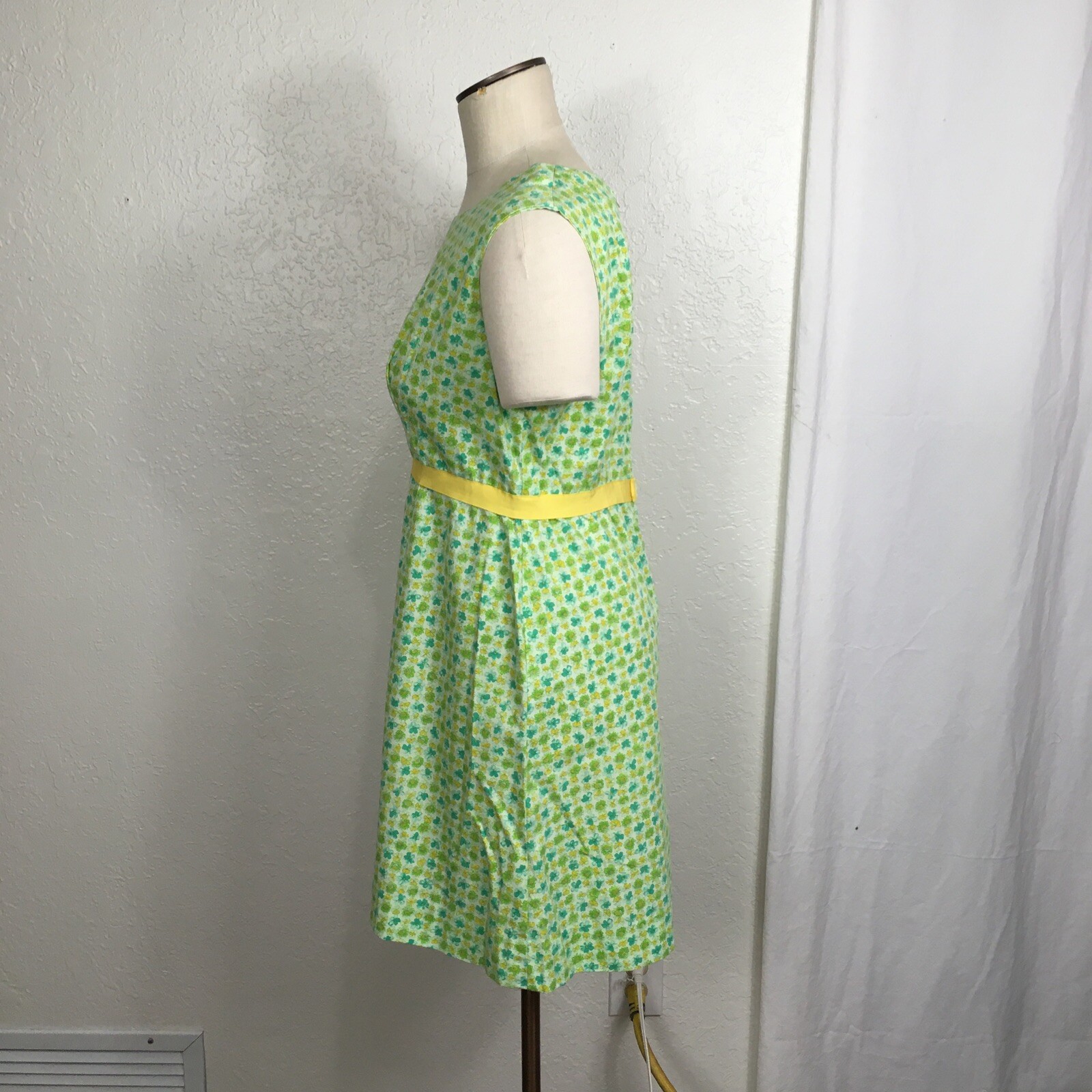 Vintage 1970 Handmade Dress Green Yellow Floral Ribbon Waistband Sleeveless 12