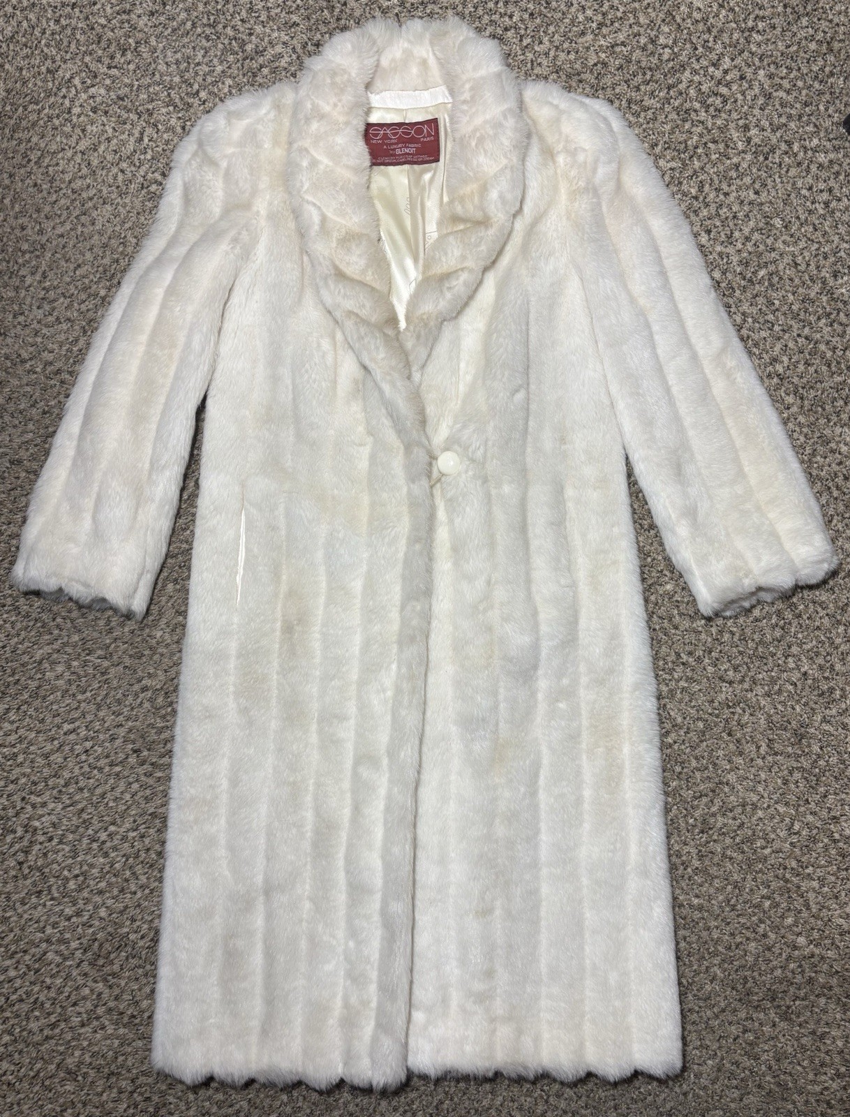 Vintage 70s Womens SASSON by GLENOIT Faux Fox Fur Ivory Pockets Lined Coat 7/8