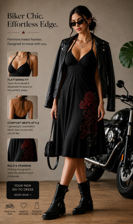 Y2K Harley-Davidson Black Label Halter Dress Rhinestone Rose Graphic Moto Sz M