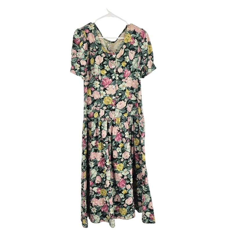 Vintage EXPO y2k 90’s Dress Green Pink Floral Grunge Button Front Midi Size 10