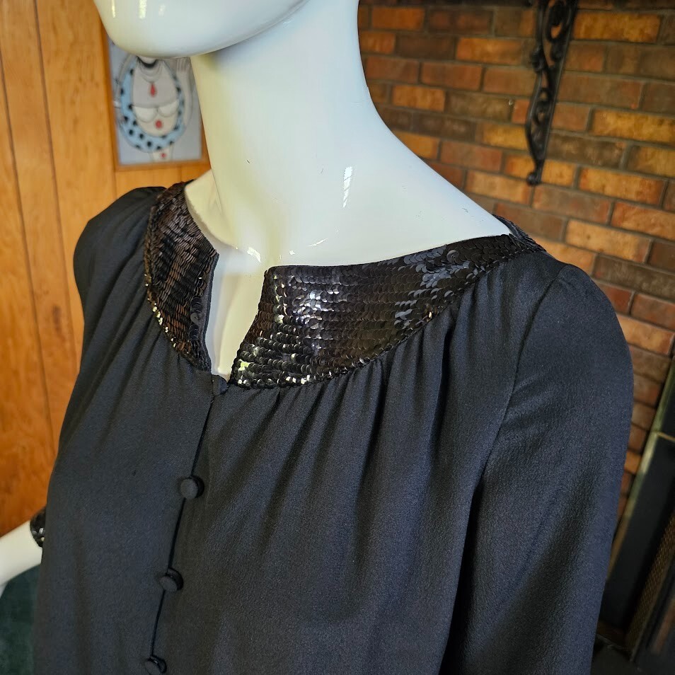 Vtg 70s Courreges Documented Avant Garde Nun Sequin Silk Maxi Dress 000 XS/S