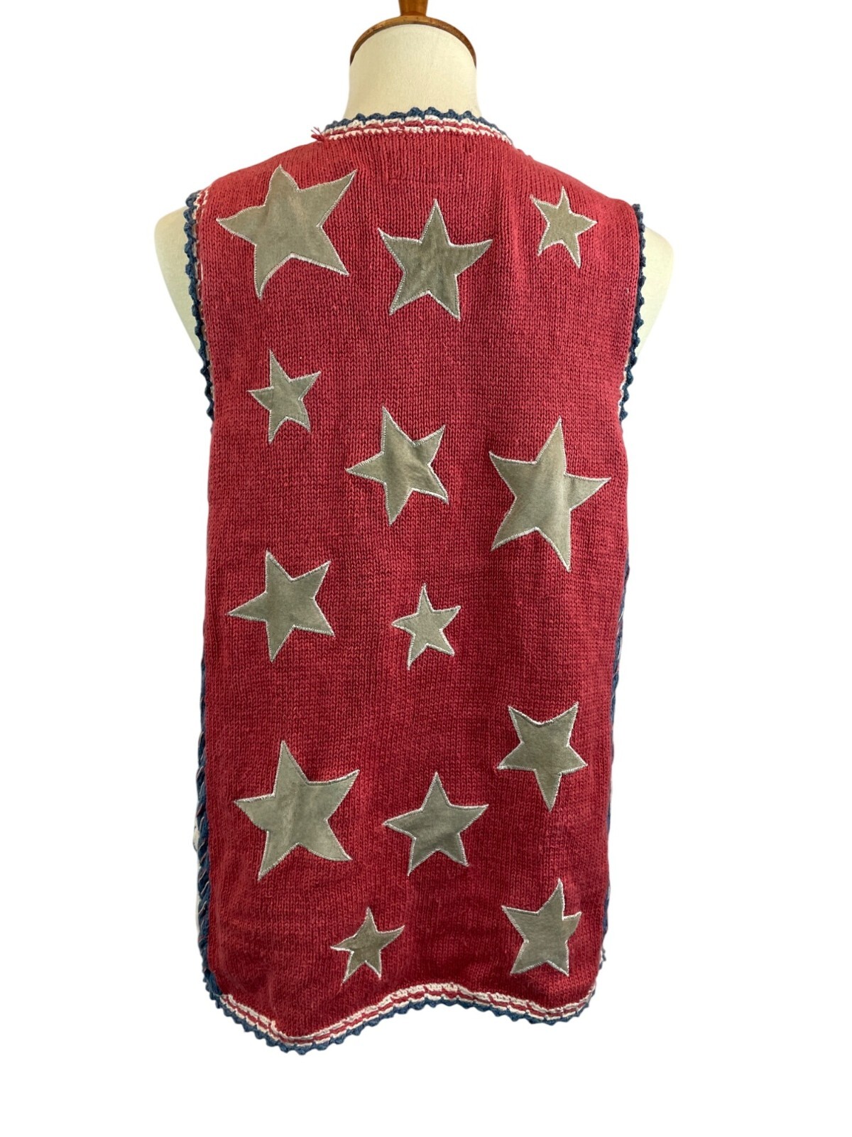 90s Patriotic Knit Sweater Vest Cambridge Country Store Suede Stars Size L Vinta