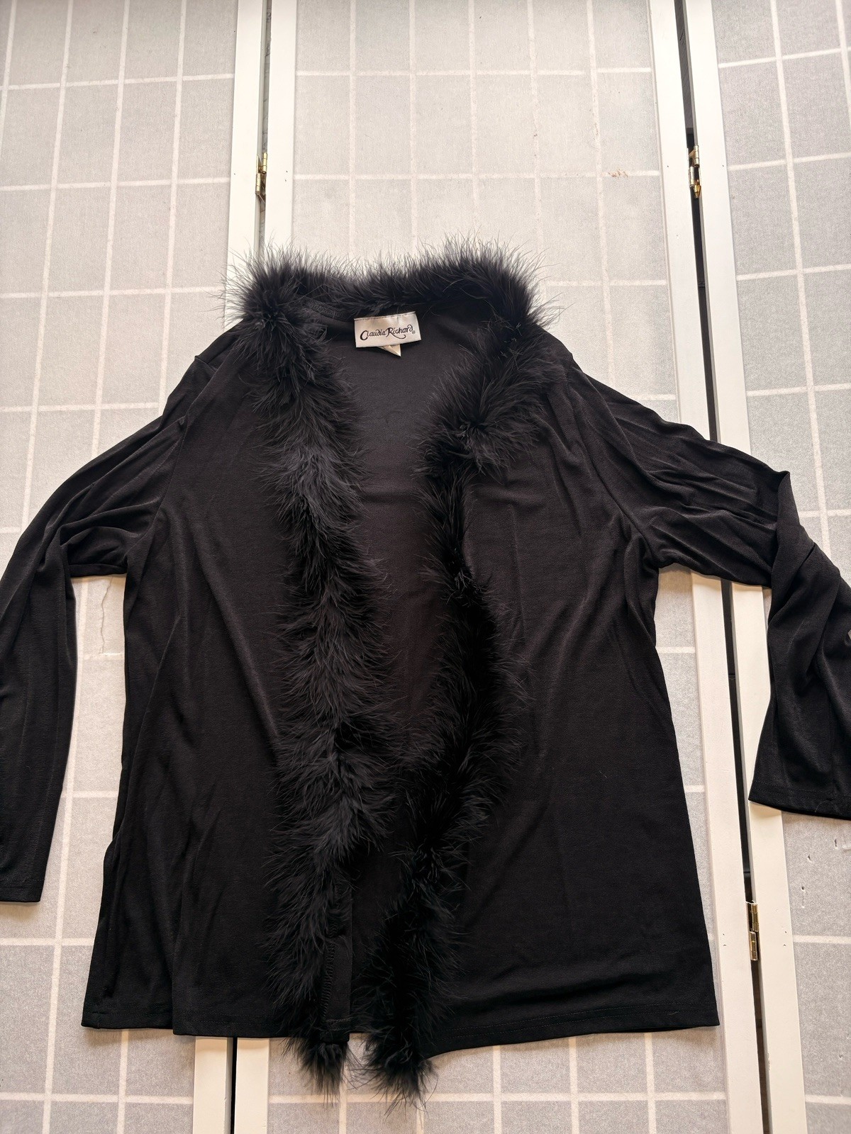 Vintage 90s Feather Trim Cardigan Jacket L Black Mob Wife Whimsigoth Goth Glam