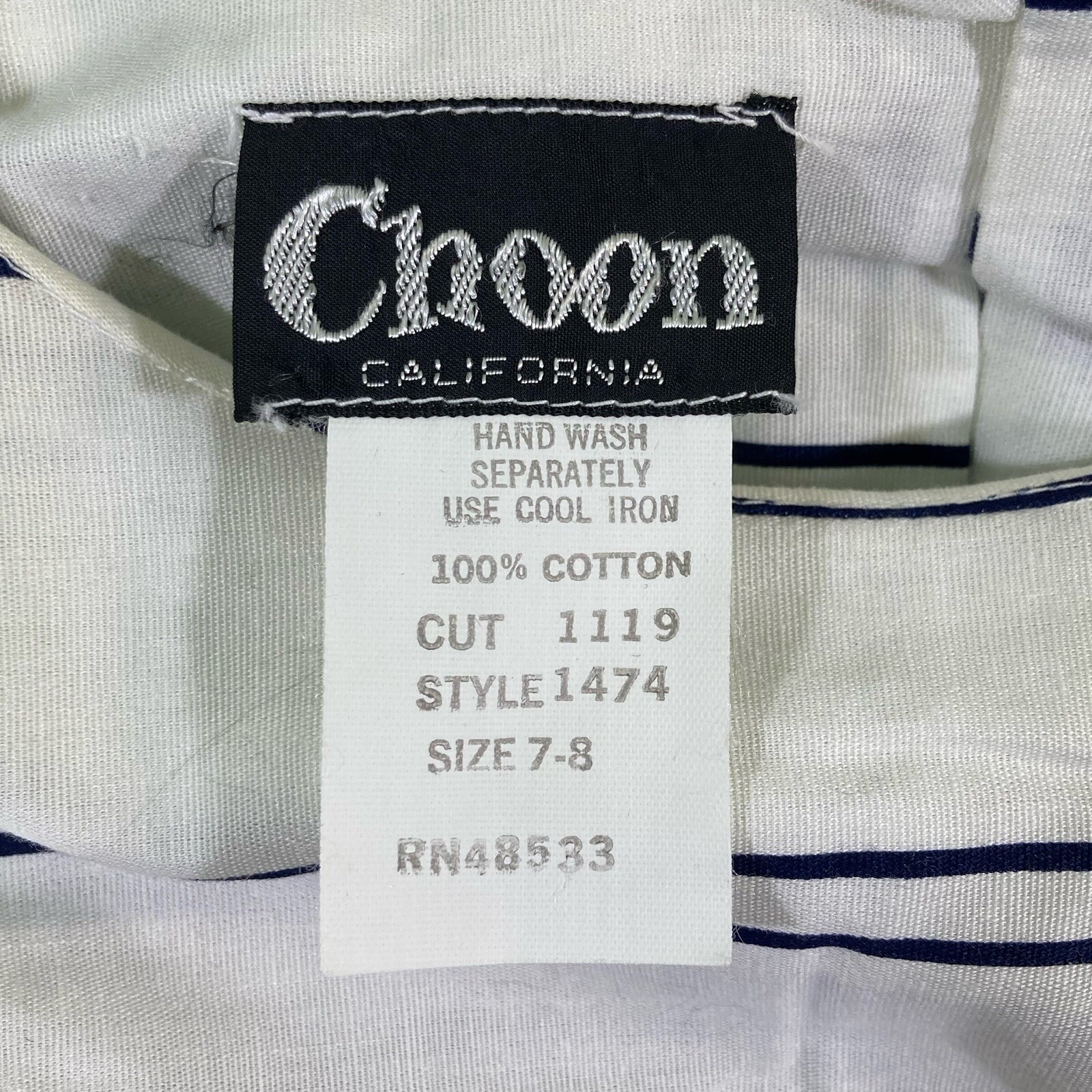 Vintage Choon California Dress 100% Cotton White w/ Stripes 3/4 Sleeve Size 7/8