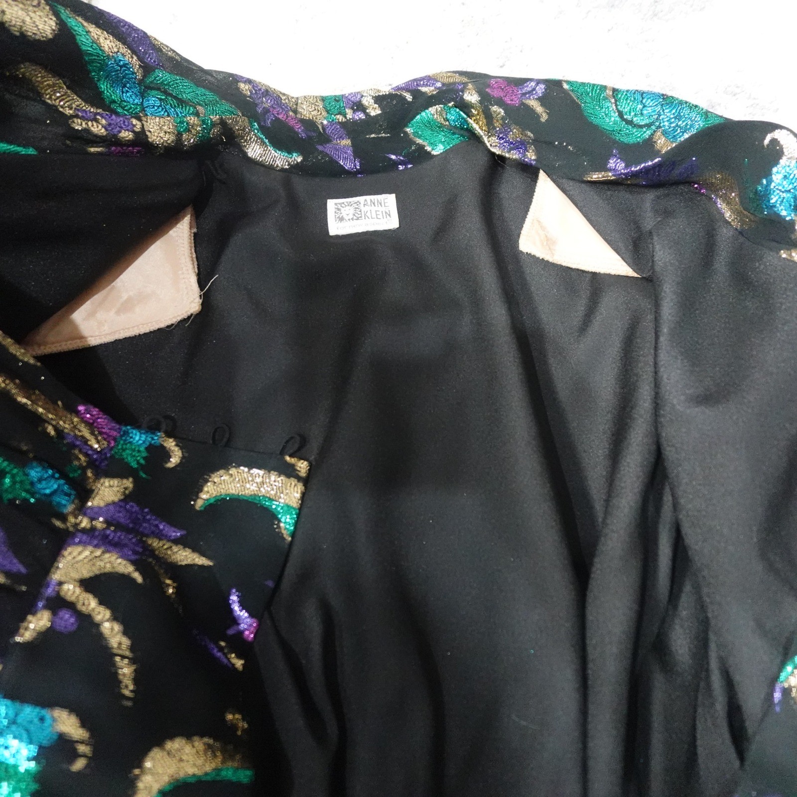 Vintage Anne Klein Black Metallic Abstract Blouse Purple Teal Gold Glam Top 80’s