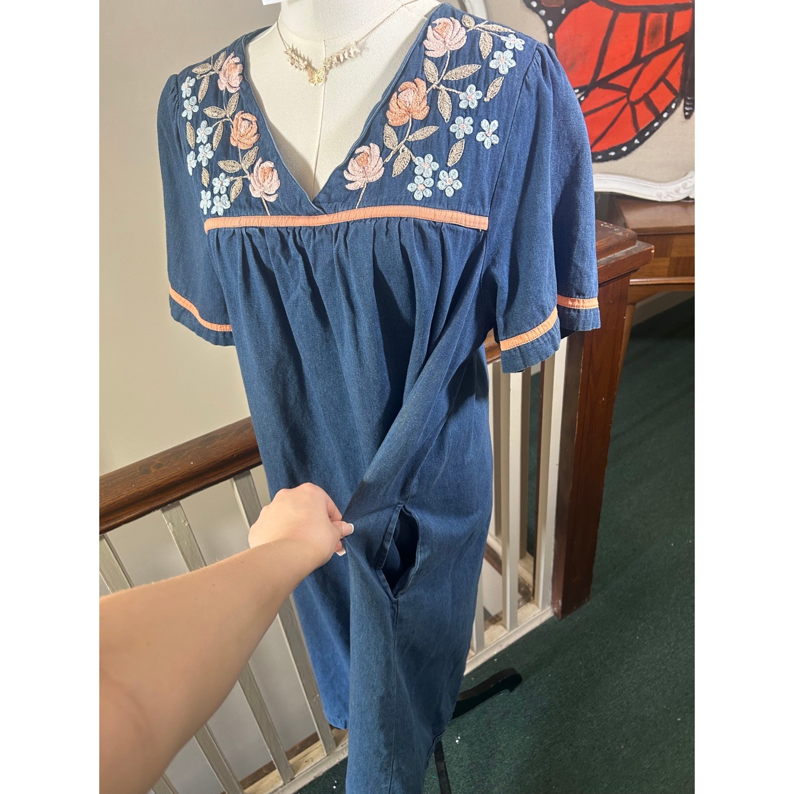 Vintage 90s Denim Floral Dress | Go Softly Patio Cotton Midi Dress | Size Medium