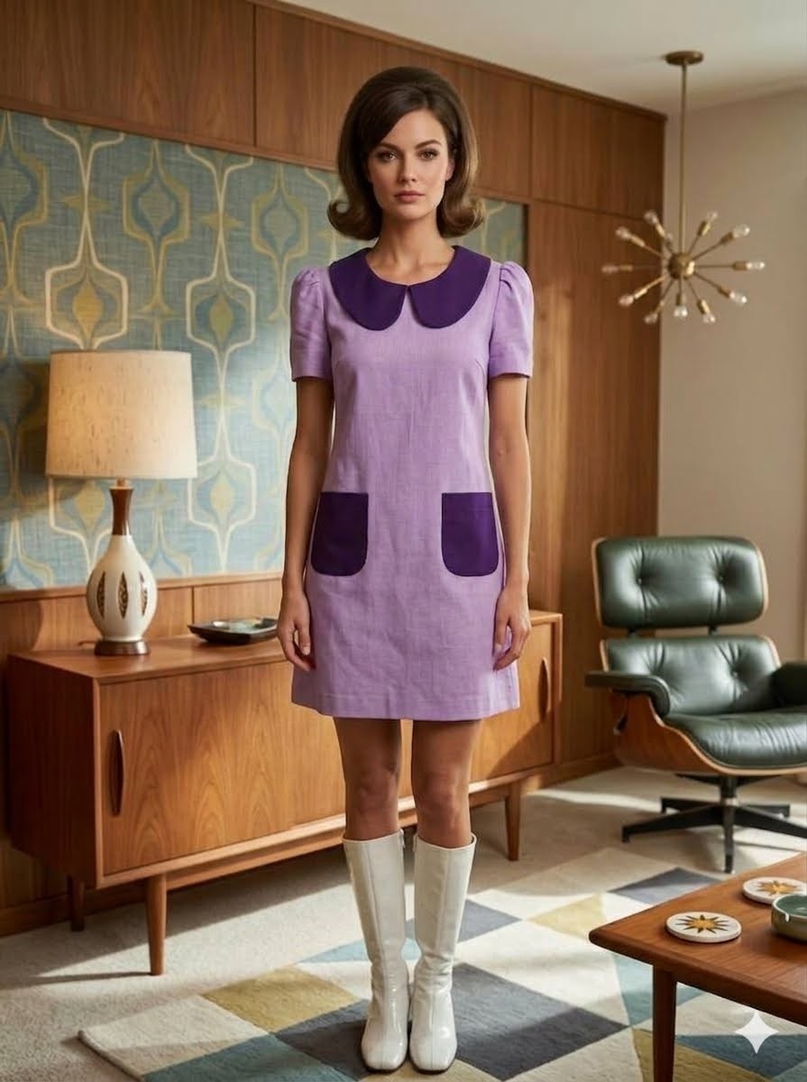 Vintage 60s 70s Mod Purple Mini Dress Shift Retro Go Go Twiggy Peter Pan Collar