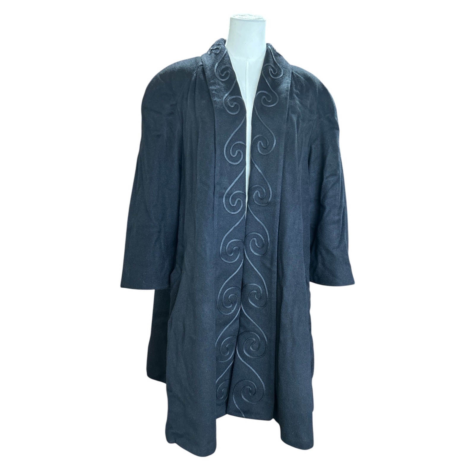 Alorna Vintage Womens Embroidered Open Front Long Coat Black Wool Blend