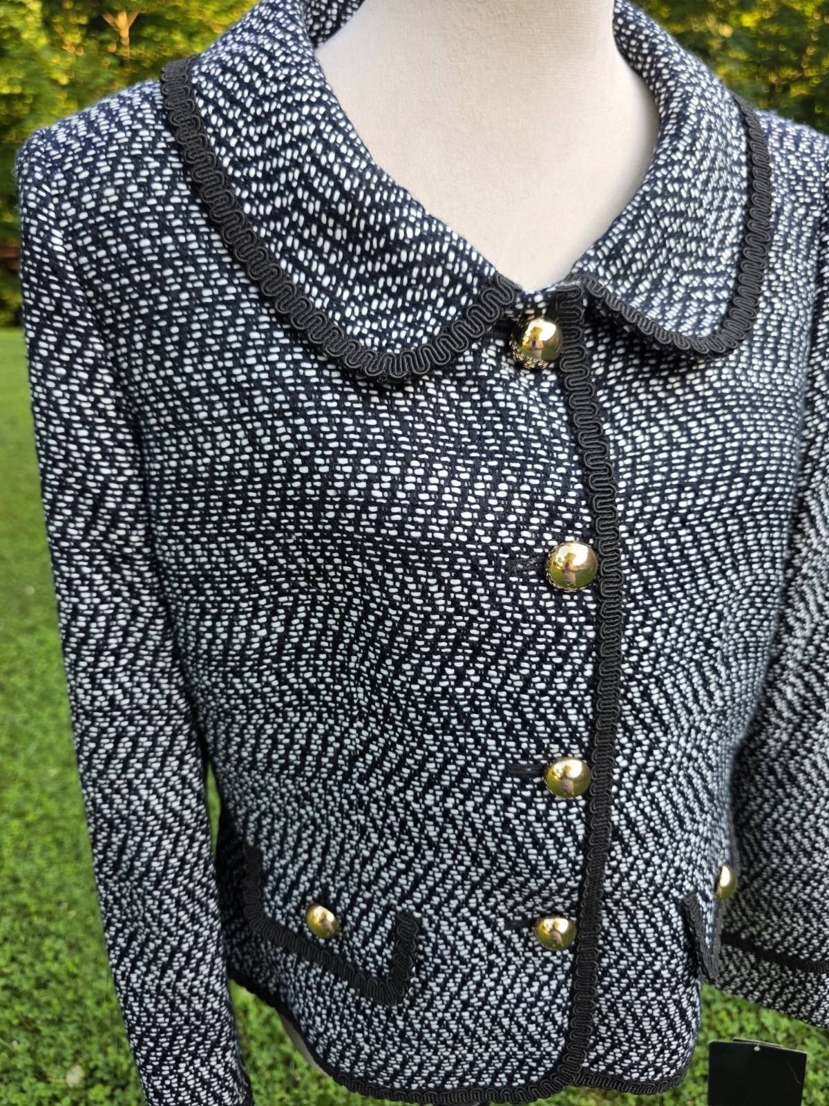 Vtg Kasper NWT Tweed Blazer Jacket Black White Gold Button Braided Trim Sz 12