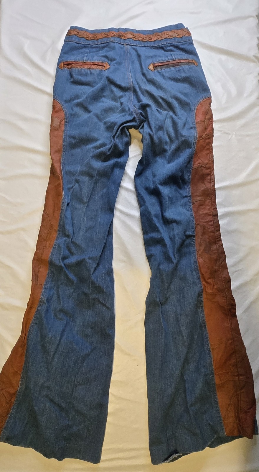 Vintage 70’s Lee-Fur Denim Leather Panel Bell Bottom Jeans 29×34