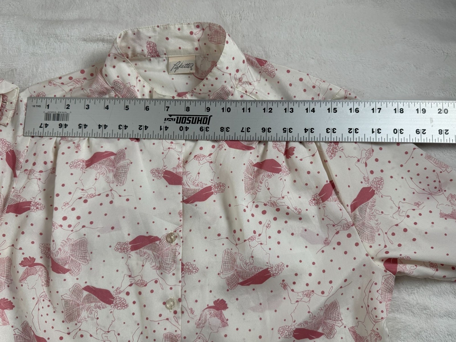 Vintage Pykettes Cream Pink Novelty Bird Polka Dot Print Blouse Button Up Boho