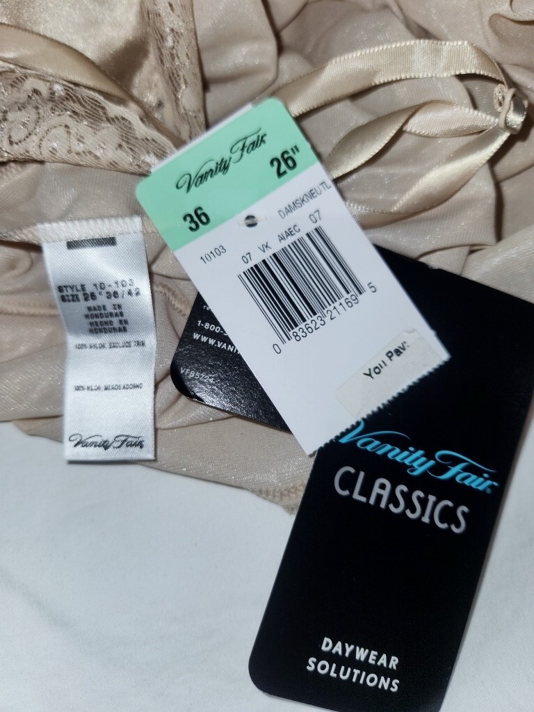 VTG 80’s Vanity Fair 36 Tin Full Slip Lace Bust Nylon Lace Trim 10-103 26″/42