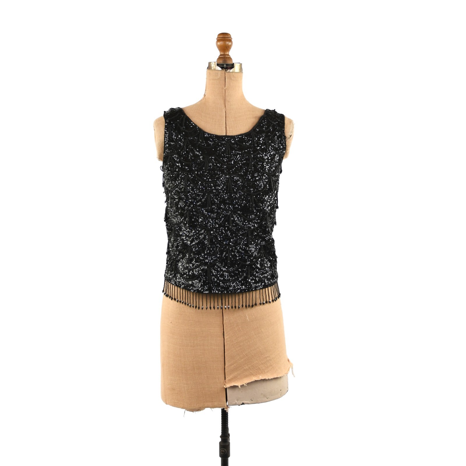 Vintage 60s Black Beaded Scalloped Fringe Tassel Sleeveless Evening Sequin Top M