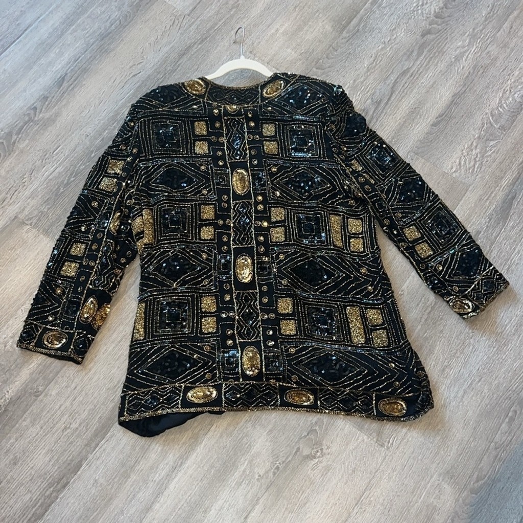 Vintage black and gold geometric beaded fancy silk formal evening jacket 1X