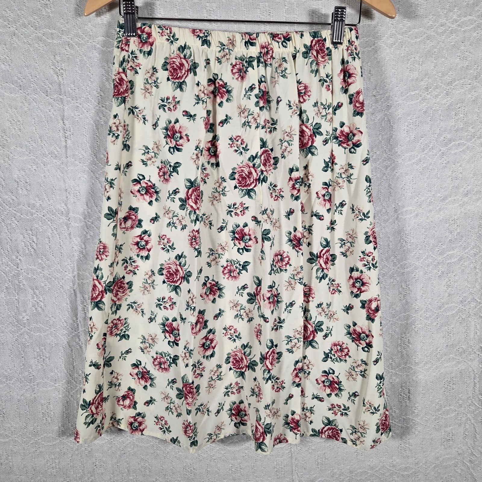 Vintage Floral Midi Skirt Womens 10P Pink Rose Elastic Waist Cottagecore USA