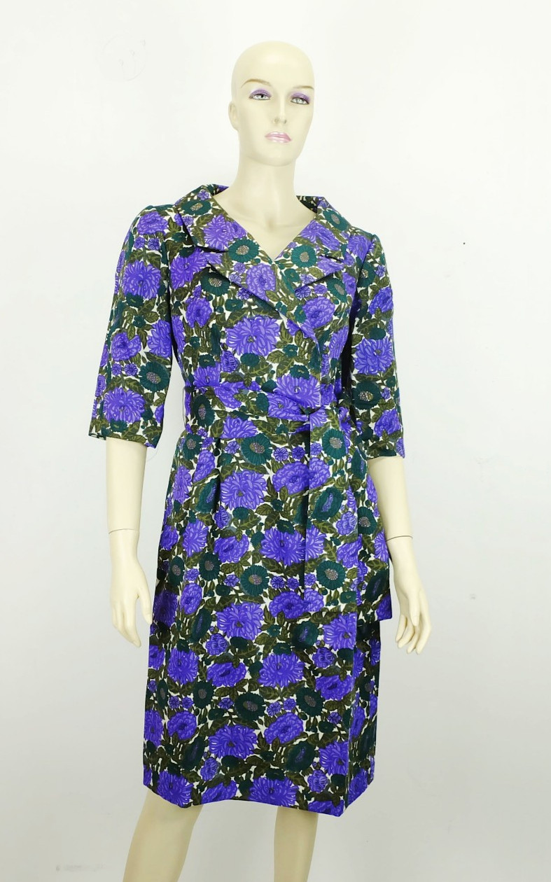 60s DRESS floral fabric purple green white large collar size 36 sora