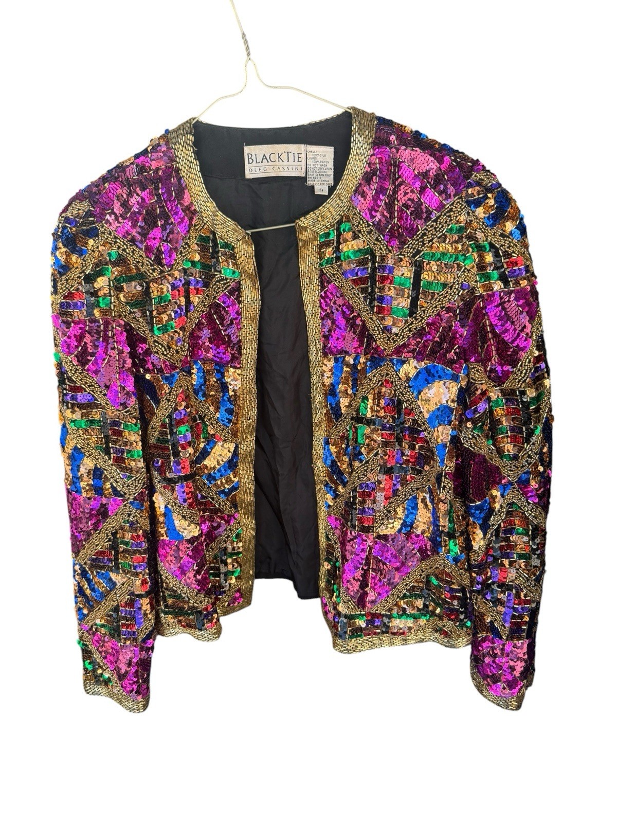 Rare Vintage Oleg Cassini Sequin Colorful Blazer Beaded Silk Small