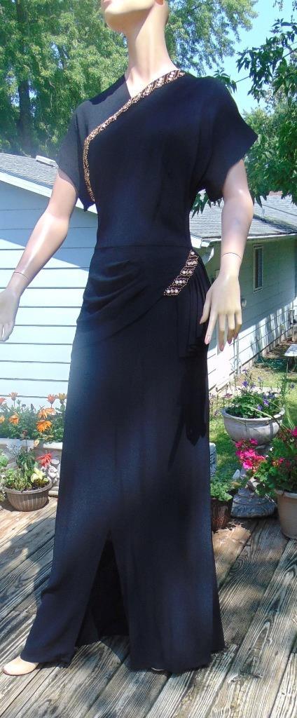 VTG 40s Ted Shore Design Black Crepe Draped & Studded Cocktail Dress 28W