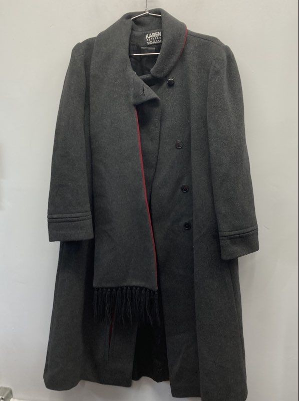 Vintage 80s Karen Petites Women’s Gray Wool Long Coat Scarf Made in USA ILGWU