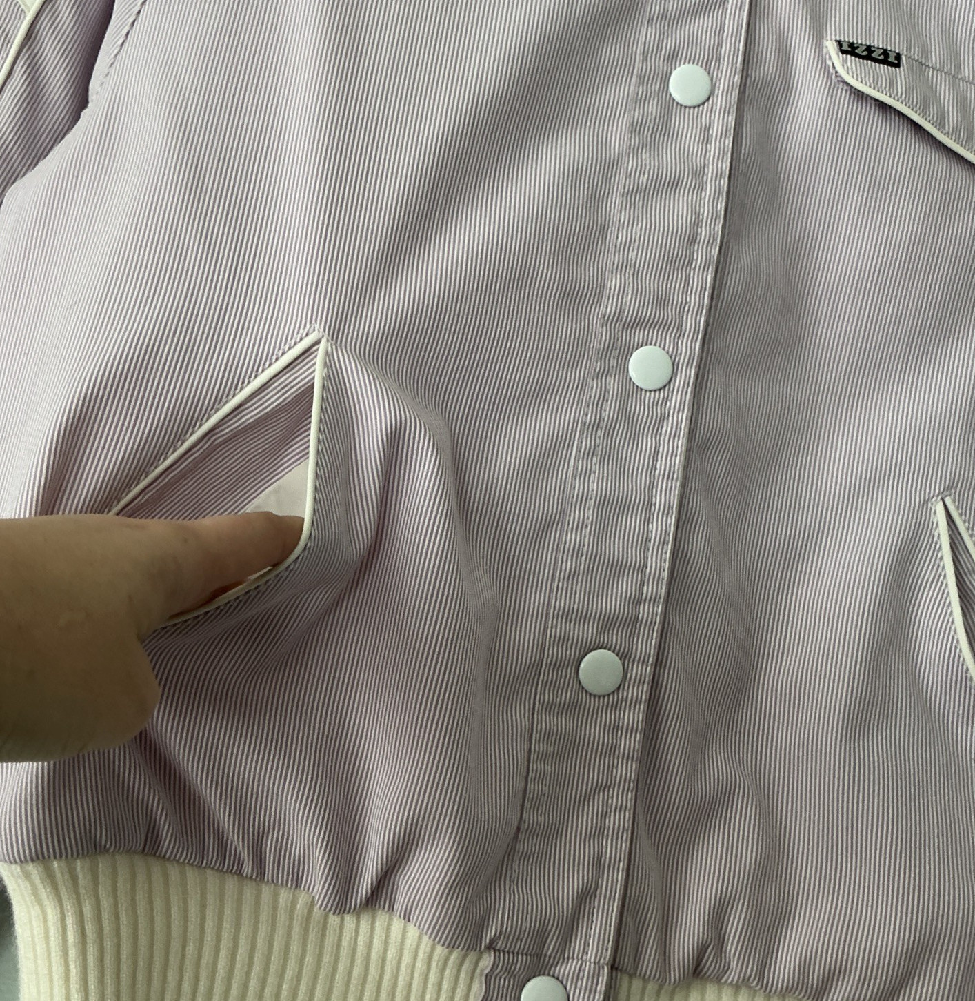 Vintage 80s–90s IZZI Reversible Bomber Jacket Lavender Pinstripe & White Varsity