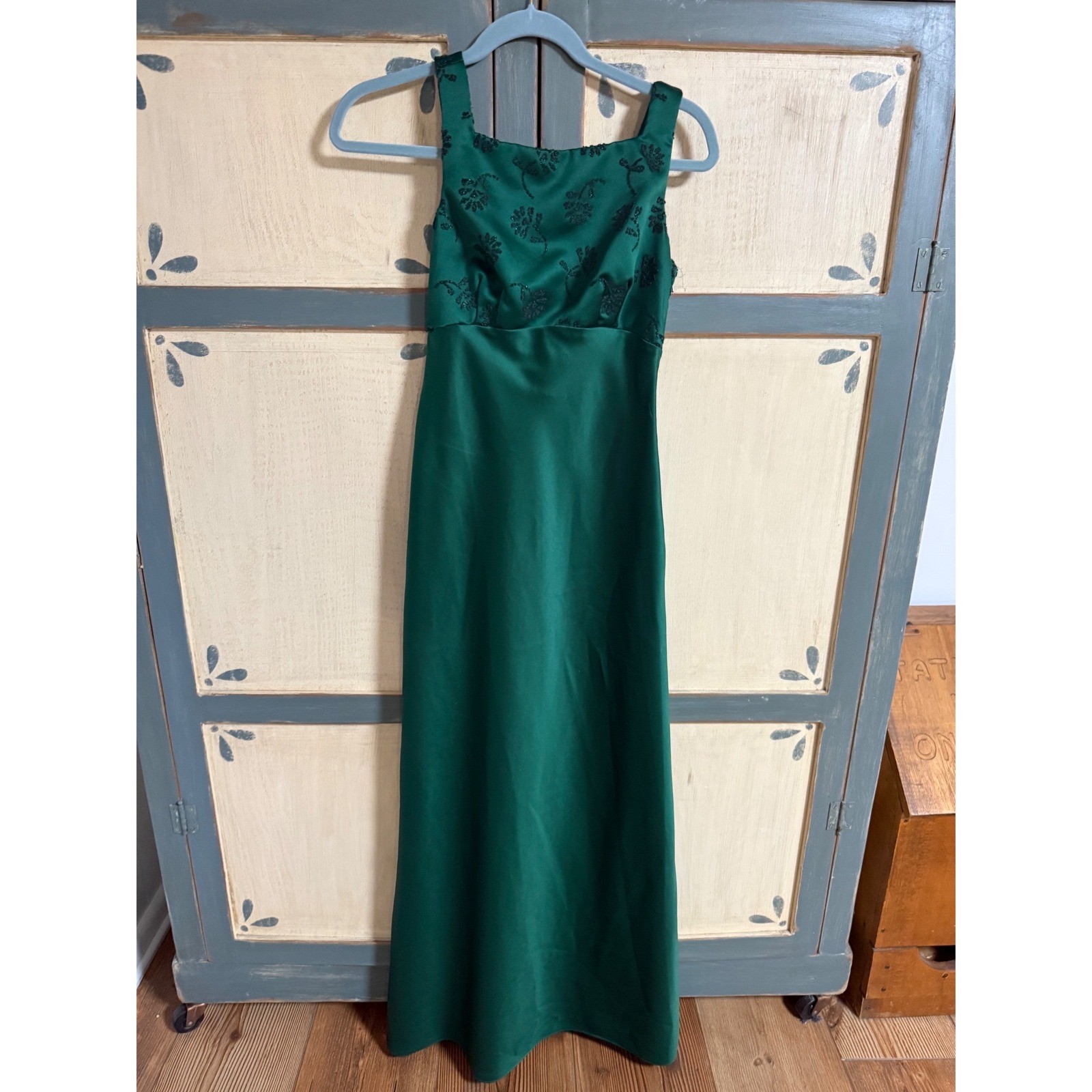 Vintage Zum Zum Emerald Green Satin Beaded Floral Evening Gown Dress Prom 3-4