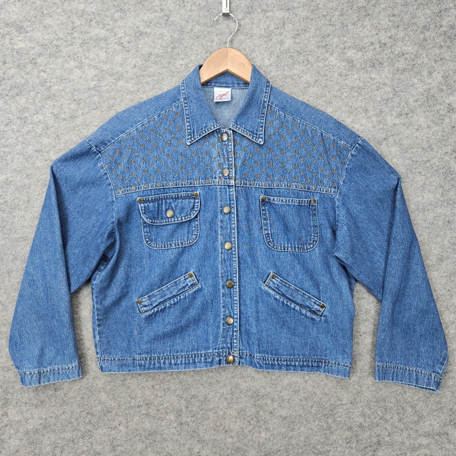 GW Graff Denim Jacket Women’s Blue Vintage Embroidered Snap Front 3/4 Sleeves