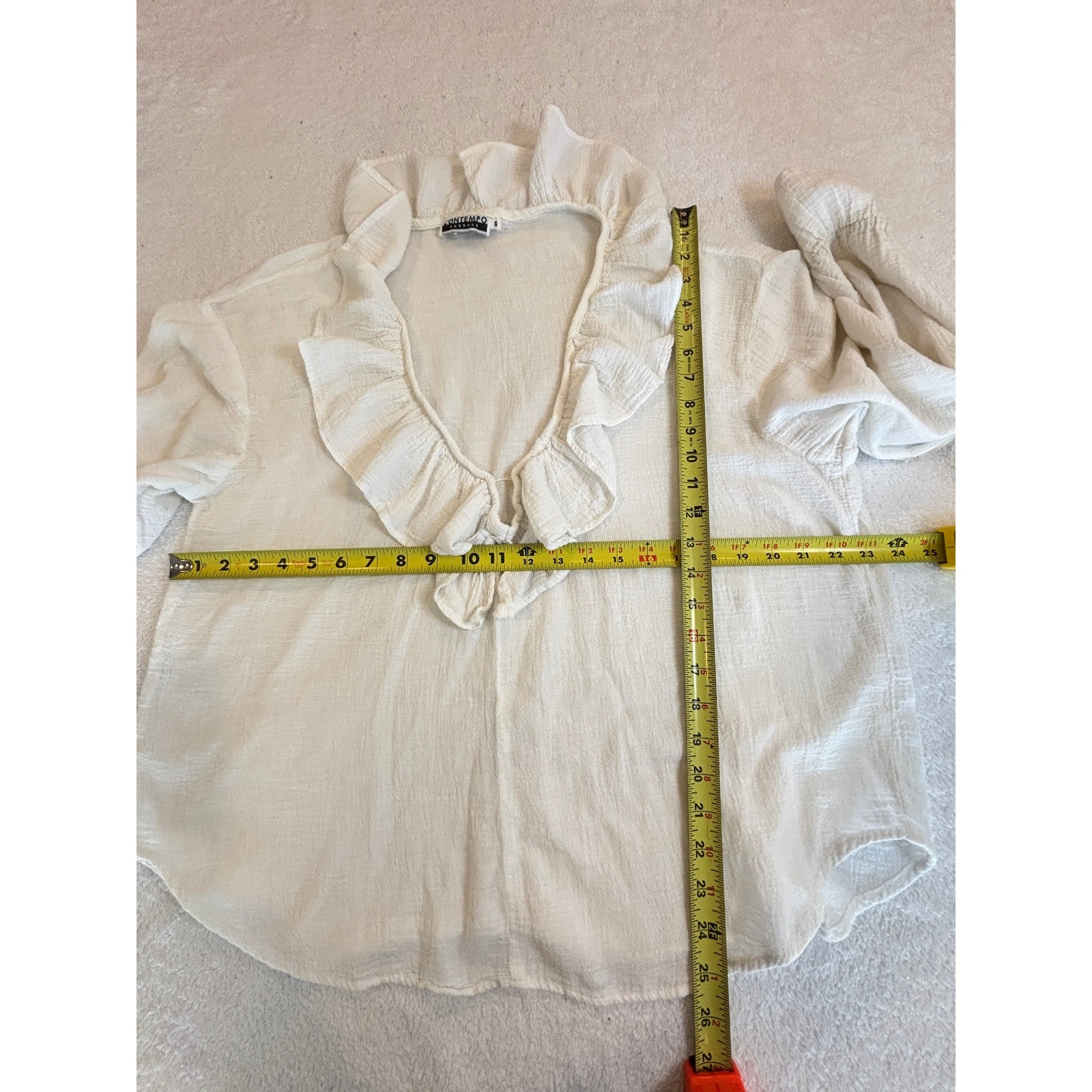 Vintage Contempo Casuals Ivory Ruffle V-Neck Blouse Smocked Bell Sleeve Small