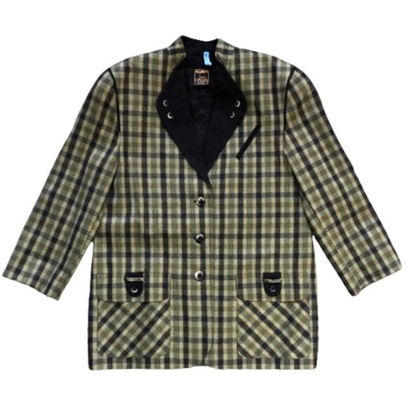Vintage 90s wool checkered olive green and black blazer jacket, Plus size XL