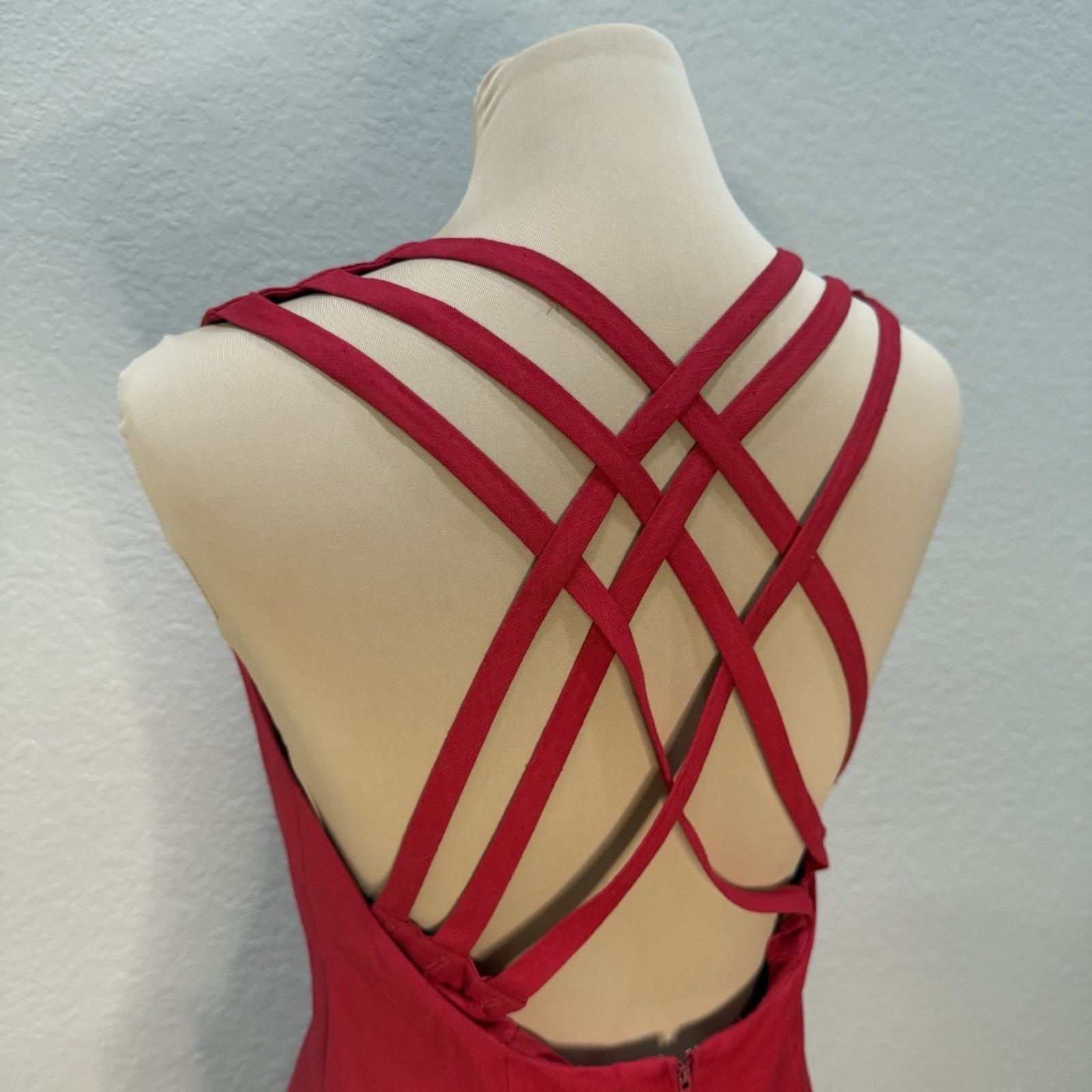 Vintage Kathryn Conover Sz 1 Red Apron Front Dress Strappy Back Pocket Cocktail
