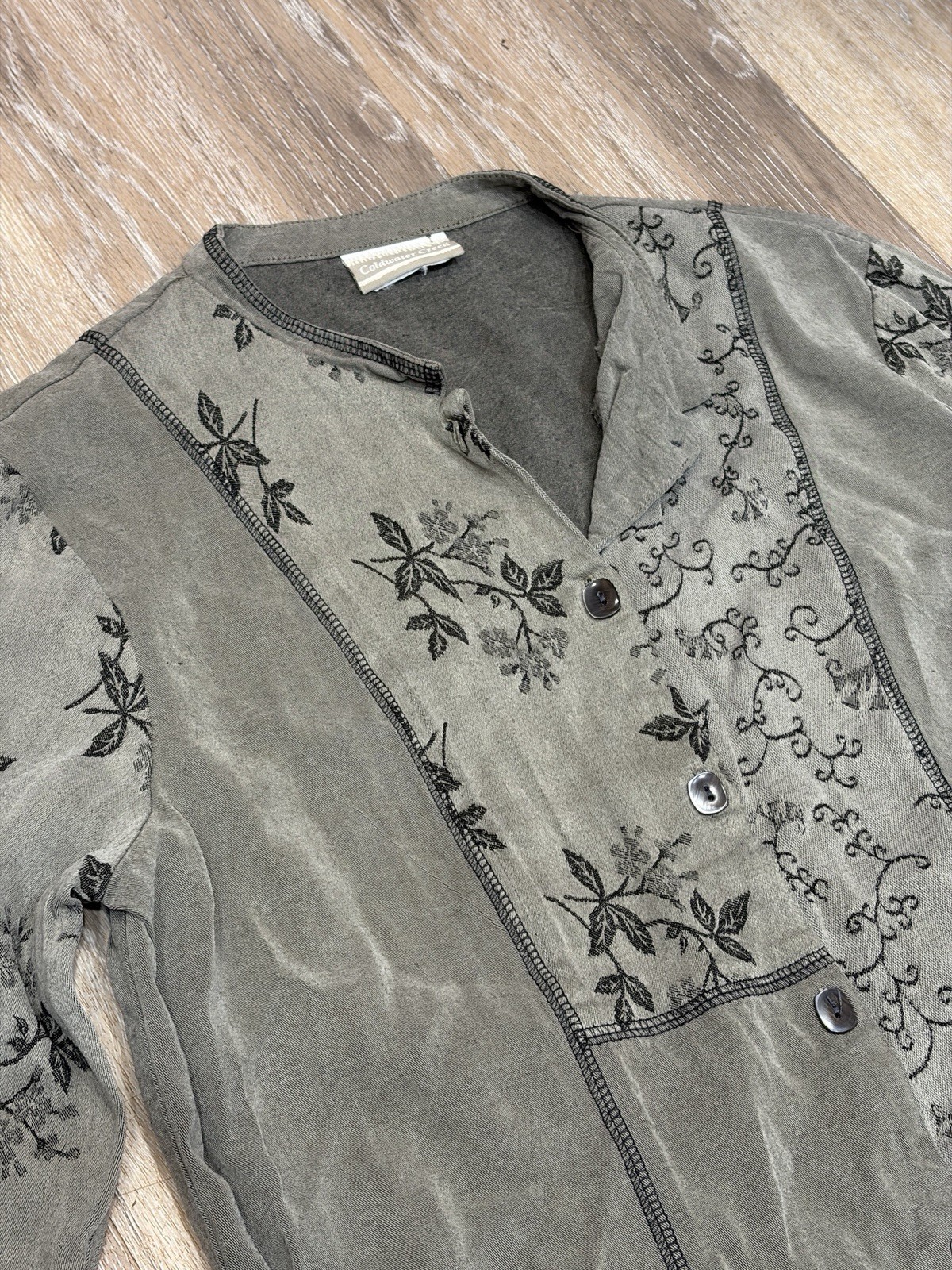 Vtg Embroidered Jacket Olive Green Button Up Shirt Floral Shacket M Goblincore