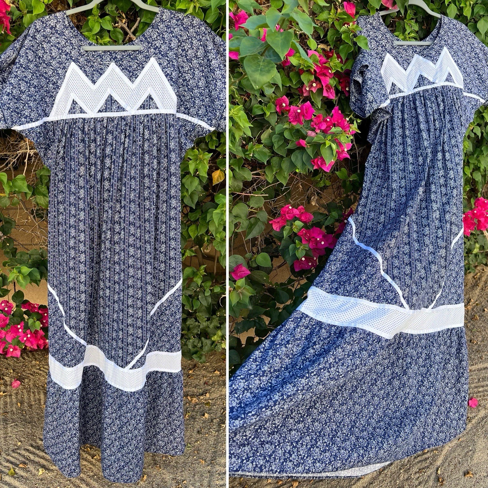 Carol Bennett Liberty House Hawaii Dress M Blue Floral Prairie Muu Muu Vintage