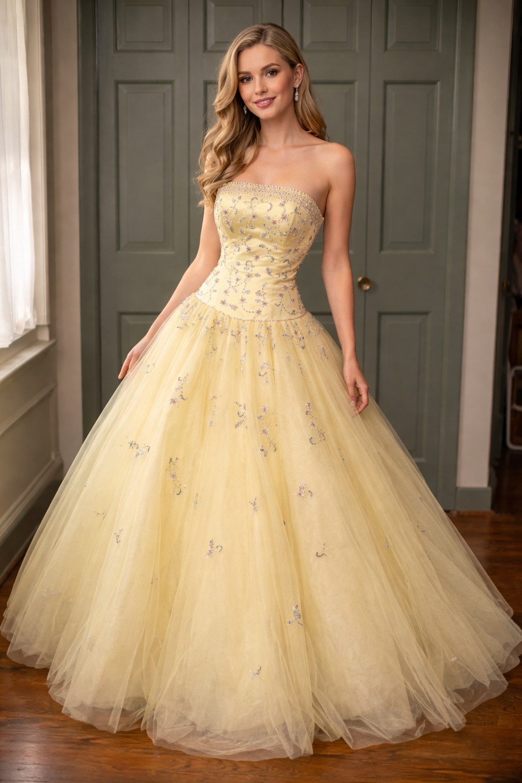 Vintage 1970s -80s Alyce Designs Strapless Beaded Yellow Tulle Prom Gown 10