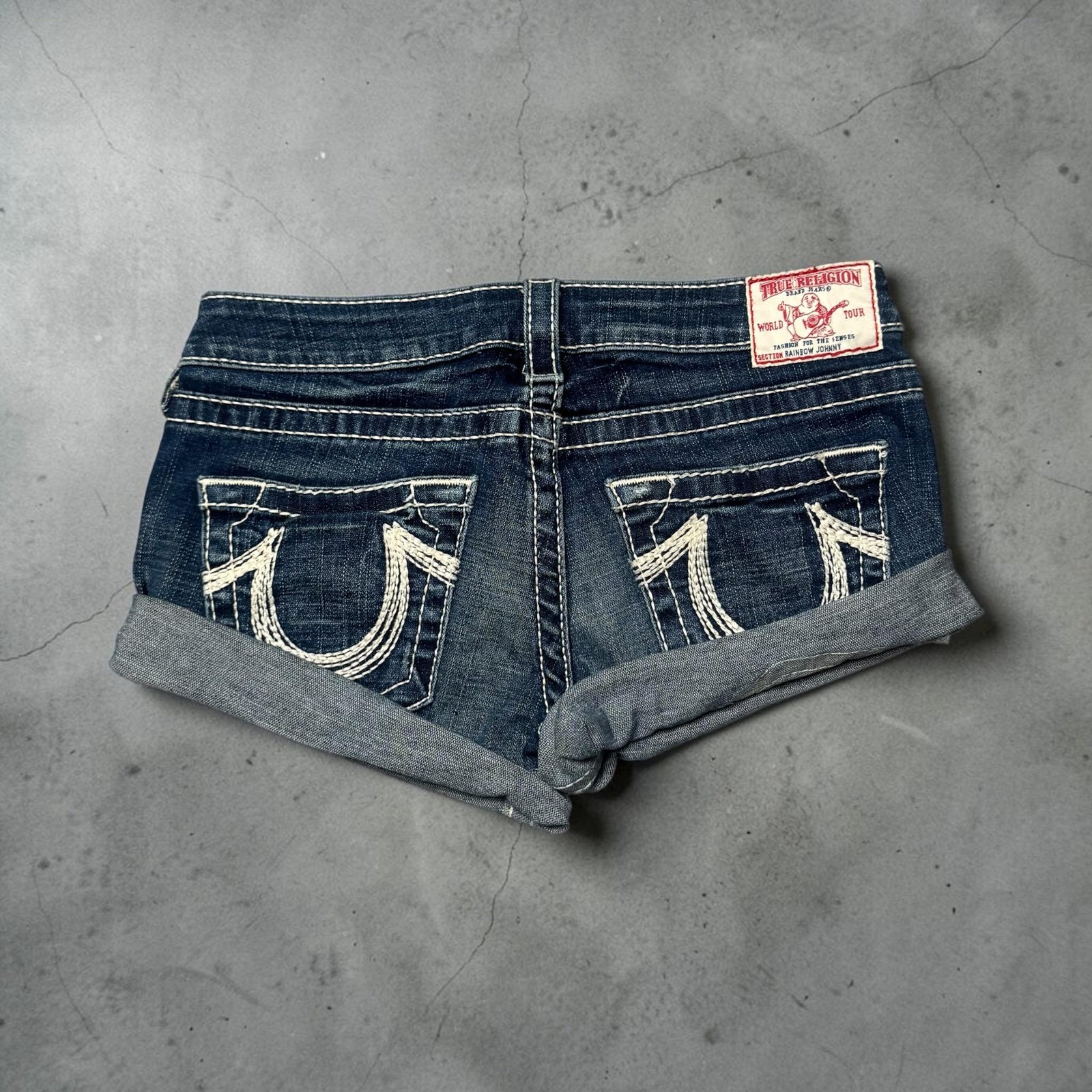True Religion Denim Shorts Womens 27 Blue Rolled Cuff Embroidered Pockets Casual