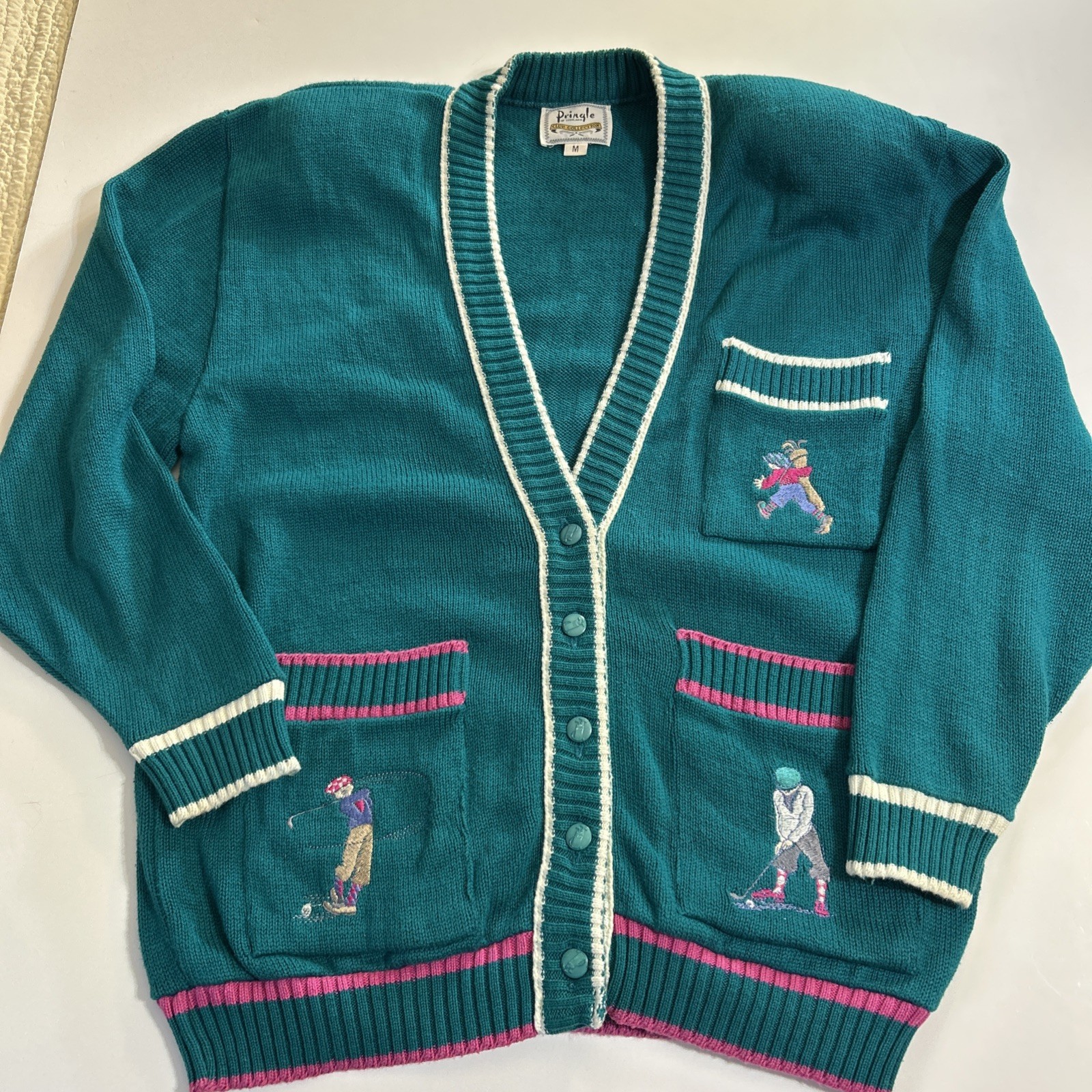 Pringle Scotland Sweater Sz M Teal Pure Cotton VNeck Embroidered Golf Vintage