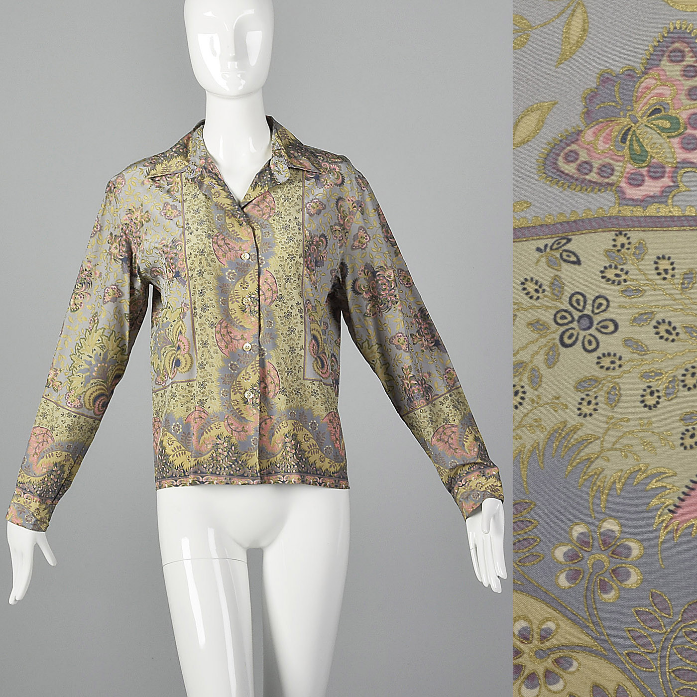 Large 1970s Byblos Silk Blouse Grey Baroque Print VTG Metallic Gold Button Up