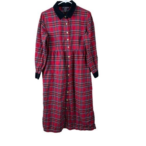 VTG Y2K 90s J.G. Hook Petite Red Flannel Dress Corduroy Collar Sz 12 Prairie