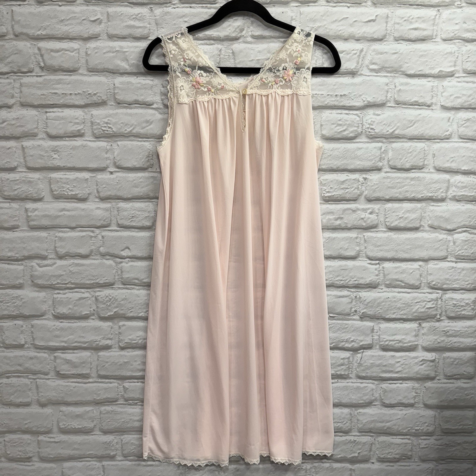 Vtg Shadowline Nightgown Pink Nylon Chiffon Overlay Lace Rosebuds Babydoll Small