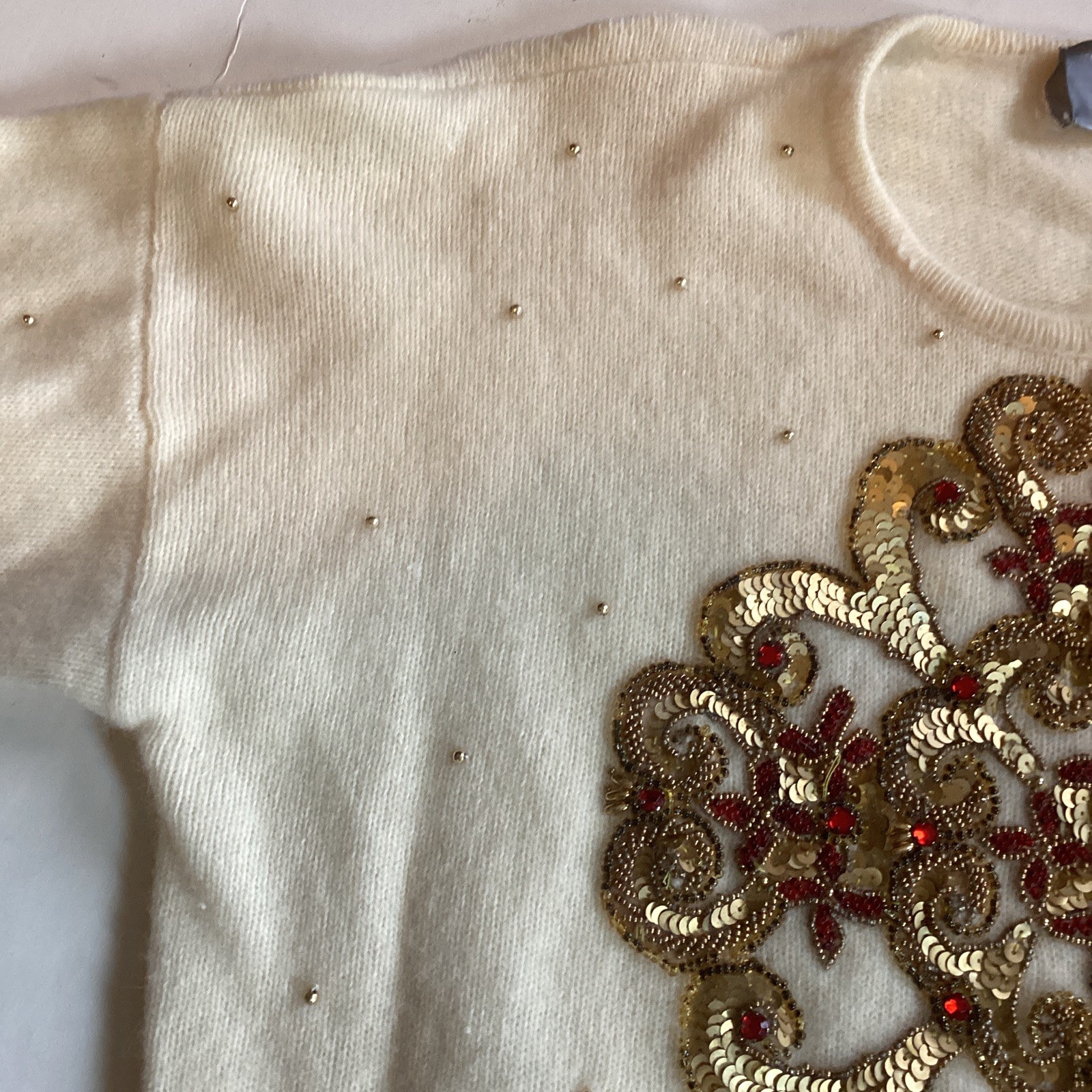 VTG Marisa Christina Sweater Winter White Wool/Angora Large Gold & Red Beading