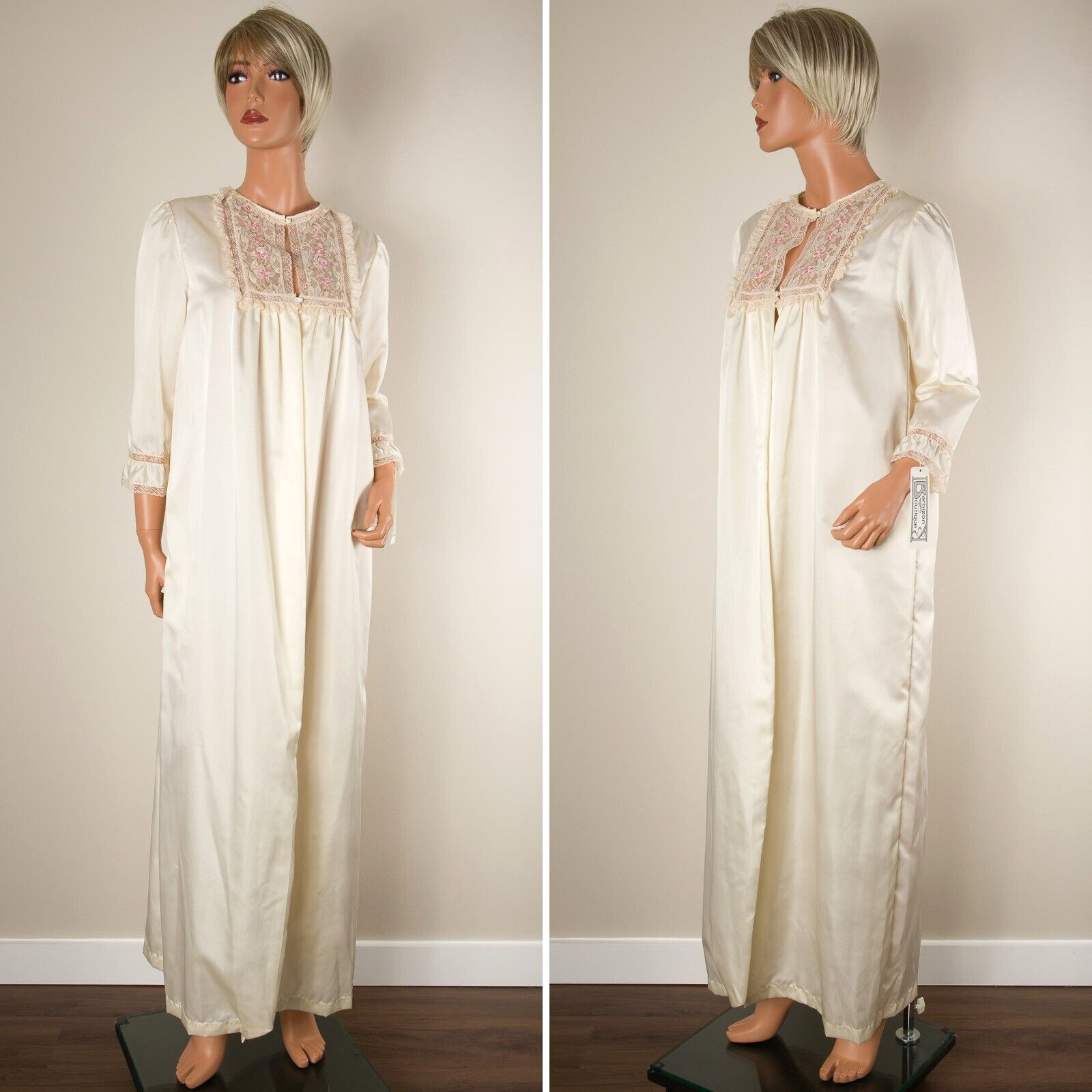 💖BARBIZON Ivory Cream Maxi Robe Nightgown Soft Silky Nylon Embroidered Lace M