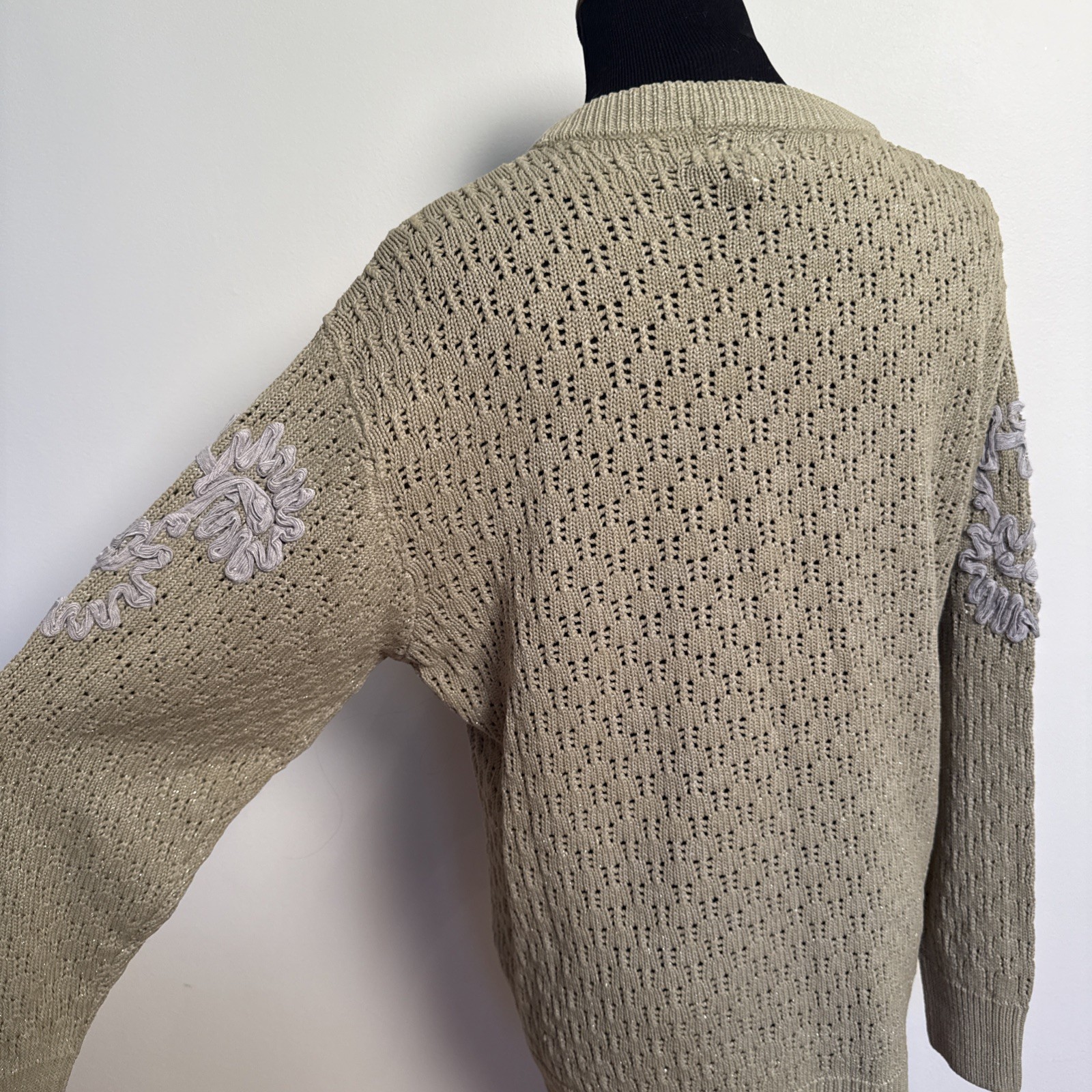 Vintage Fully Fashion Crochet Knit Appliqué Metallic Cardigan Wool Blend S-M