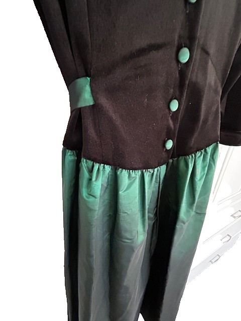 Just Ducky Vtg Dress Sz12-13 Black Velvet Emerald Green Taffeta Buttons Ties