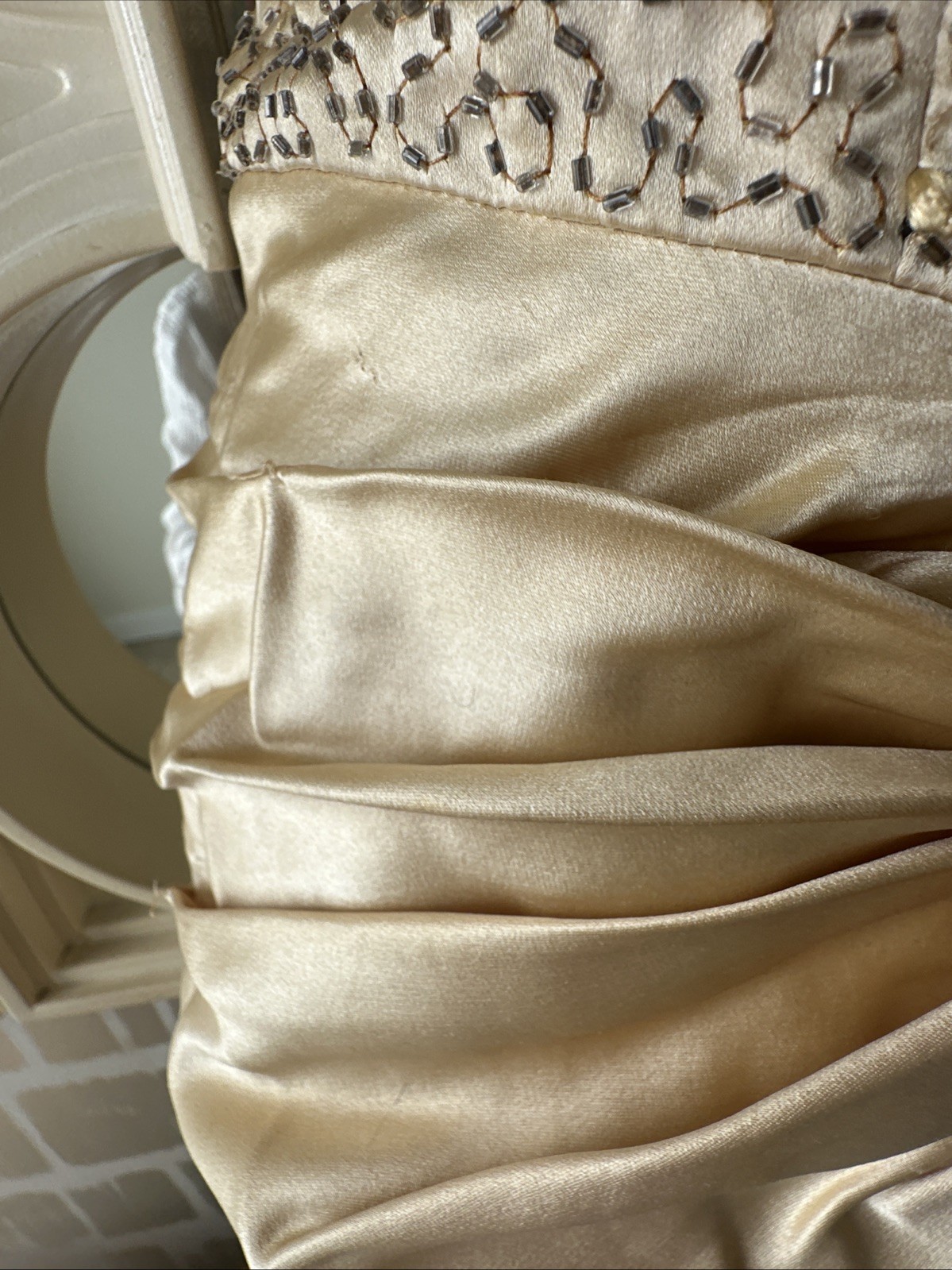 Ceil Chapman 50s Patented Champagne Gold Satin & Beaded Bustier Sarong Gown XS