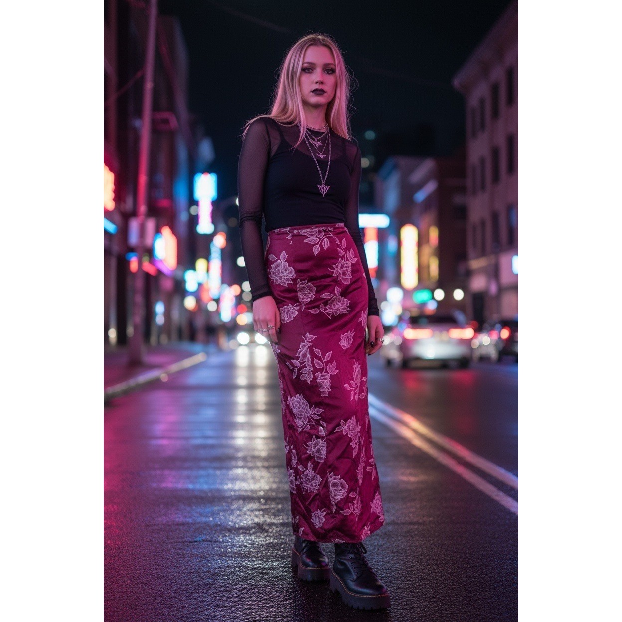 VTG! „Love Peace Soul” 90s Burgundy Floral Rose Maxi Skirt Side Slit Size 7 7A55