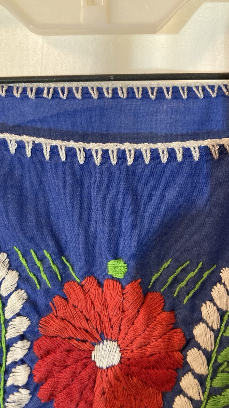 Vintage Mexican Peasant Dress Blue Hand Embroidered Floral Boho Huipil M/L 36″