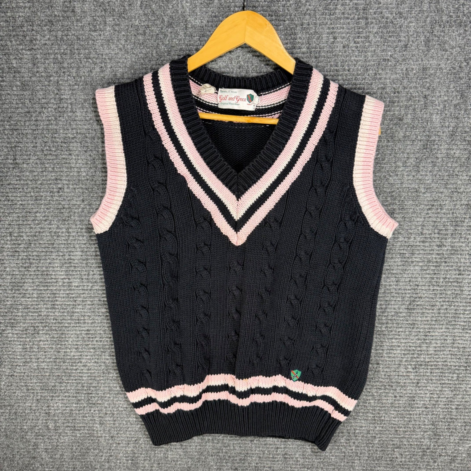 Vintage 80s Golf and Green Paris Sweater Vest Black Pink Cotton Cable Knit Large