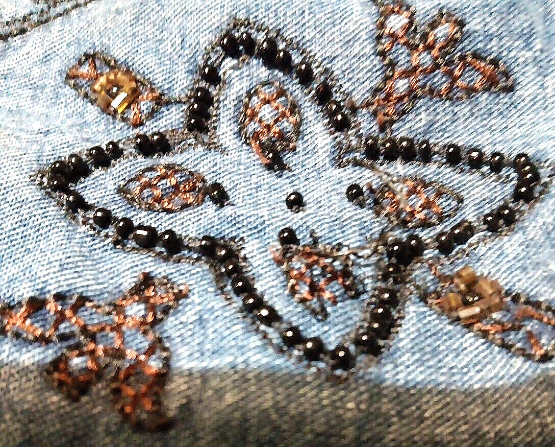 Vtg Chico’s Design BOHO Denim Beaded Jacket SILK Lined Hand-beaded Sz LG