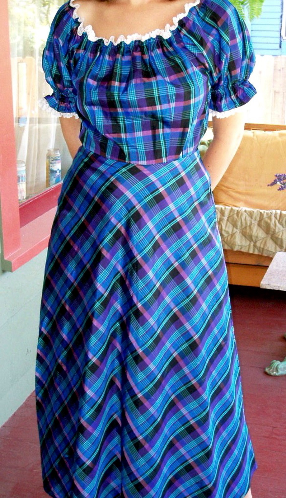 VTG 80s Steam Punk Victorian Crisp Satin Taffeta Plaid Puff SLV Swing Dress M/8