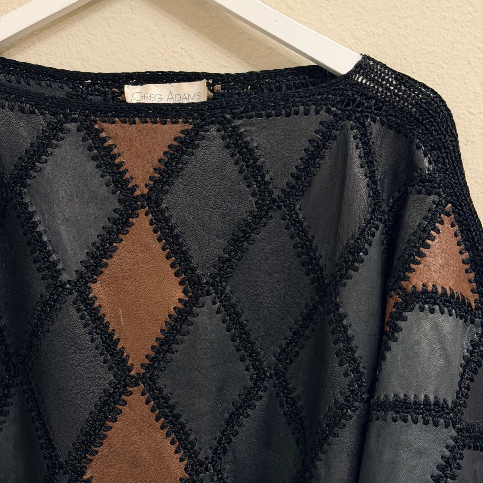 Vintage Leather Patchwork Sweater Diamond Knit Oversized Vintage Eclectic 80s