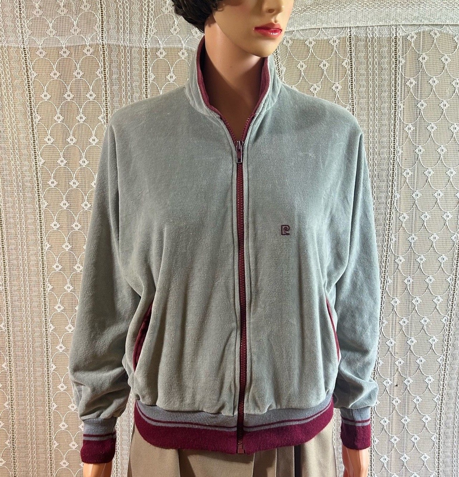 Vtg 70s Sweatshirt Cardigan Full Zip Terry Cloth Coat Red Gray Academia Sporty