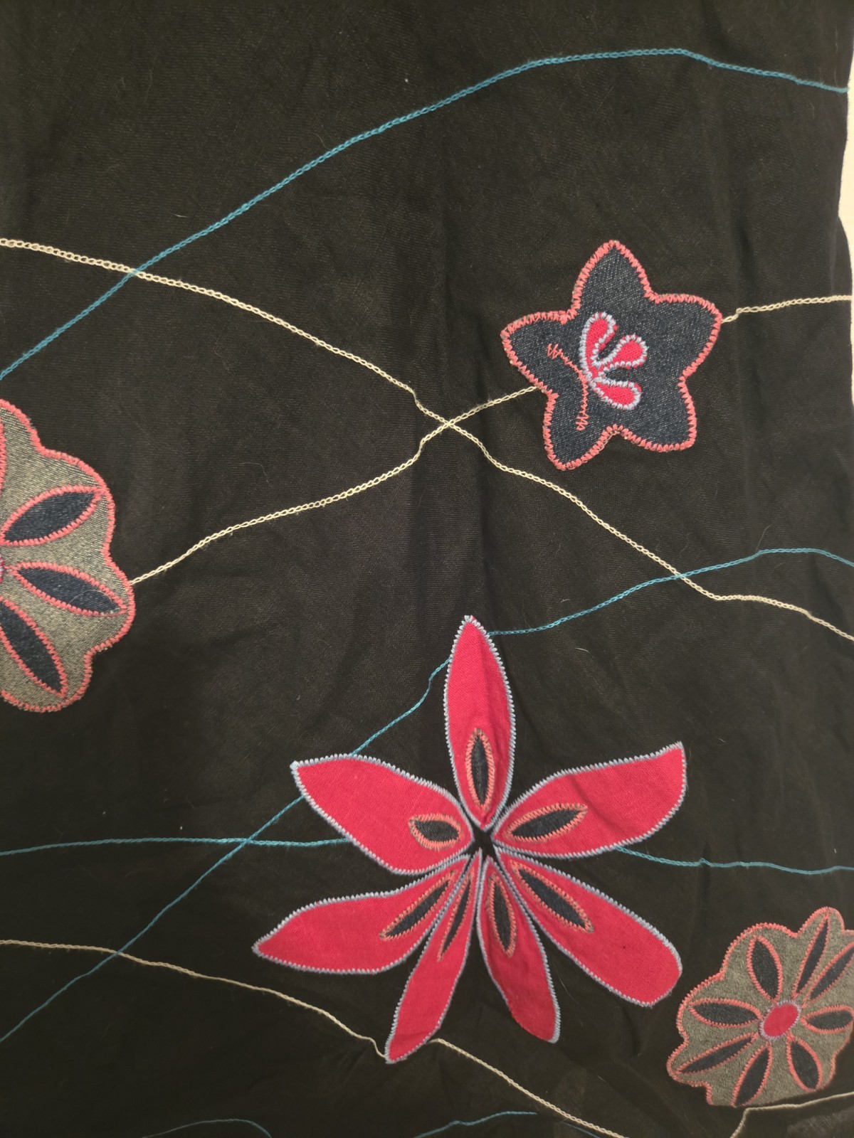 PRETTY Vintage MICA Black Linen Embroidered Floral Sundress Dress Sz Small 4